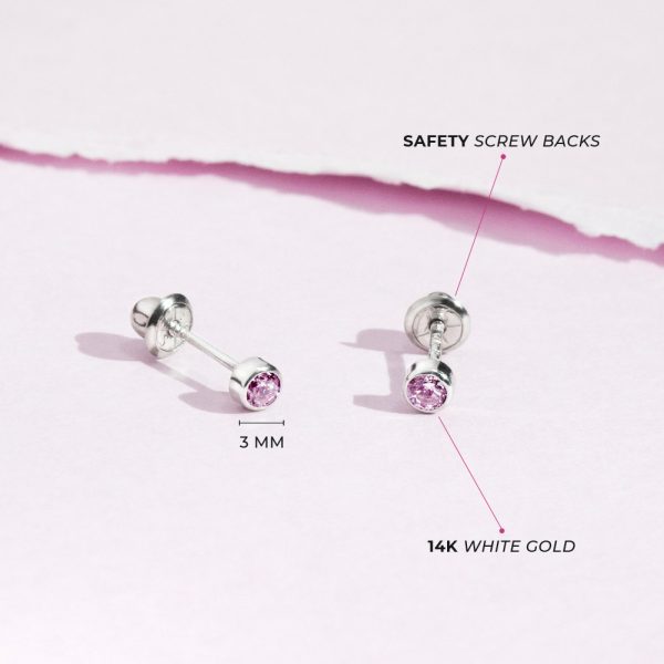 Arete para Bebé, Bizel con Zirconia Rosada, 3mm en Oro Blanco de 14K - Imagen 4