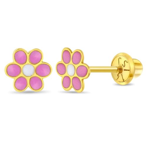 Arete para Bebé en Forma de Flor con Enamel Rosado en Oro Amarillo 14K