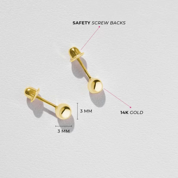 Arete para Bebé, Bolita de 3mm en Oro Amarillo de 14K - Imagen 4