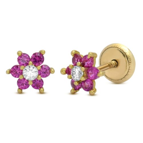 Flor con circonia fucsia oro amarillo 18K