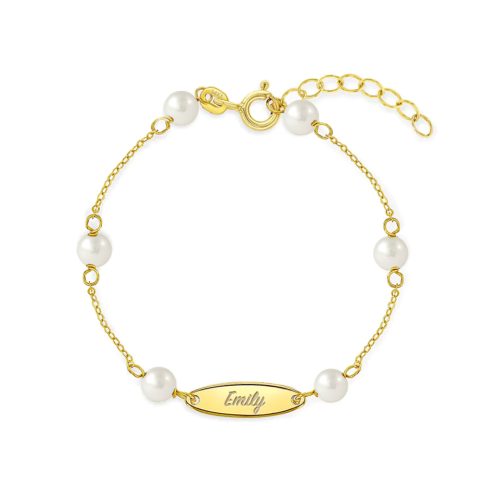 Pulsera placa grabable, perlas cultivadas oro amarillo 14K