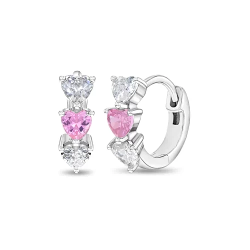 Huggie en Cascada con Corazón al Centro, 7mm con Zirconias Blancas y rosadas, en Plata 925