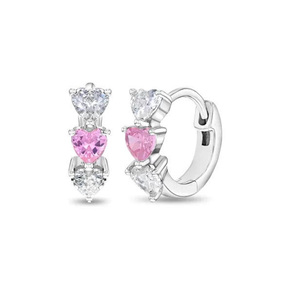 Huggie en Cascada con Corazón al Centro, 7mm con Zirconias Blancas y rosadas, en Plata 925