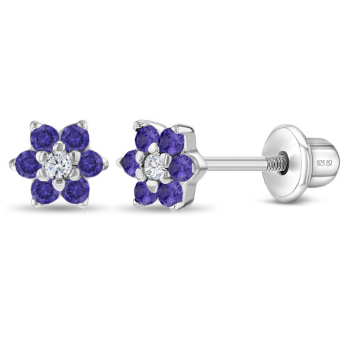 Aretes Bebe 925, Flor blue Circonias, screw back