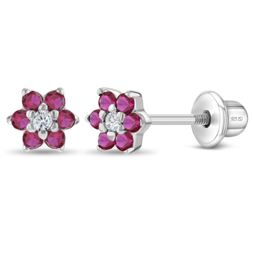 Aretes Bebe 925. Flor Ruby Circonias, Earrings screw back