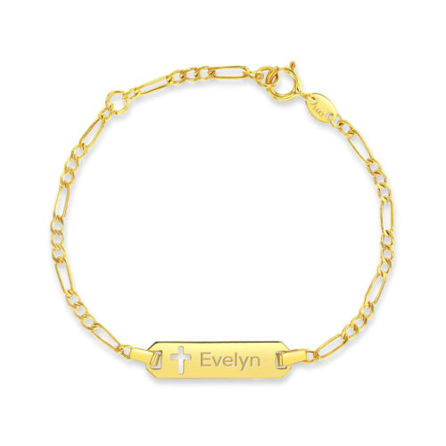 Esclava Bebe Oro Amarillo 14k, placa cruz, 5.5″