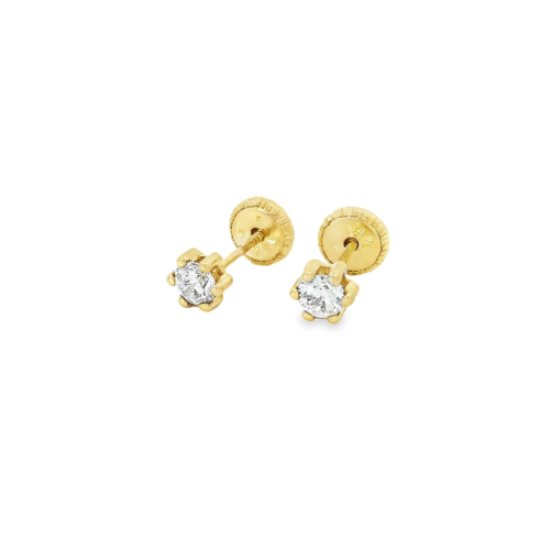 Aretes Oro Amarillo 14k. Circonias 3.5mm, 6 dientes rosca