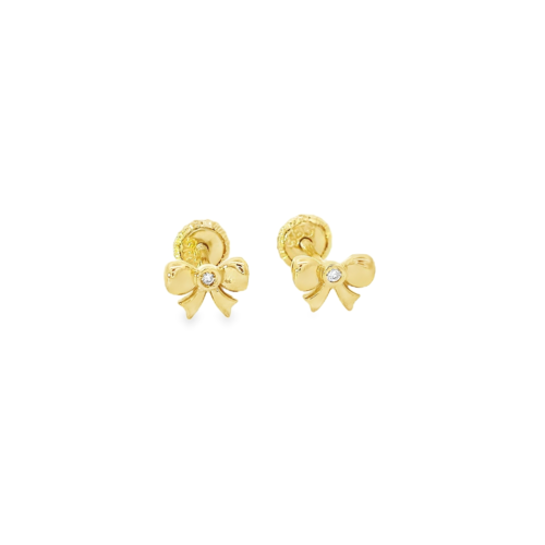 Aretes Oro Amarillo 14k. Moñita diamante 1 punto, rosca