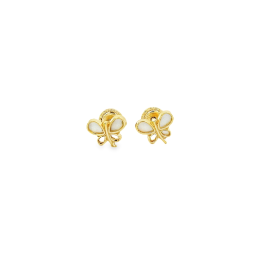 Aretes de Mariposa concha nacar oro amarillo 14k. Rosca