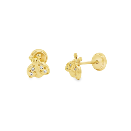 Aretes oro amarillo 14k. Mariquita, circonias, rosca.