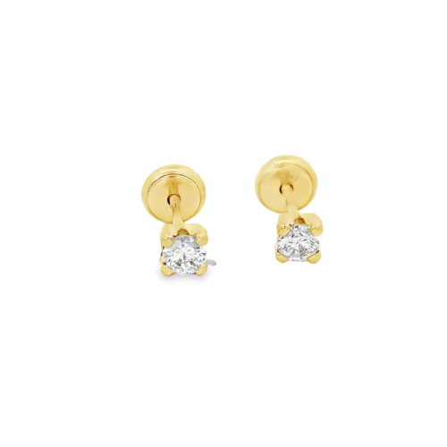 Aretes oro amarillo 14k. 4 prongs, rosca, circonias 3mm.