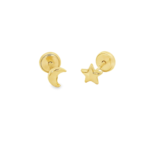 Aretes oro amarillo 14k. Luna y estrella, rosca