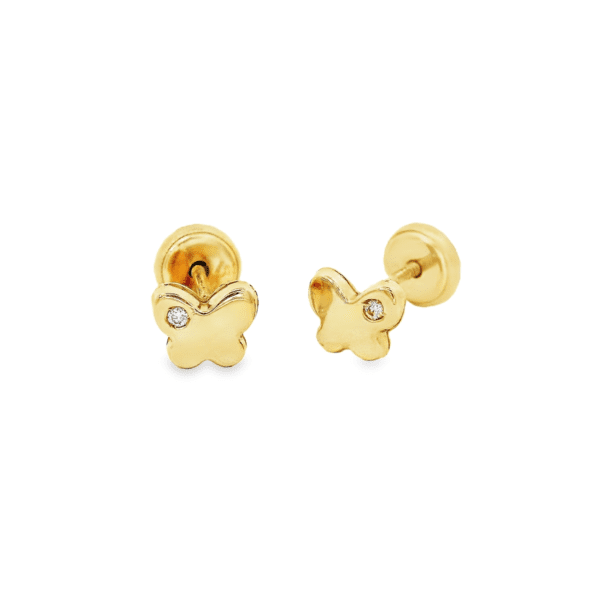 Aretes Oro Amarillo 14k. Mariposa diamante 1 punto, rosca
