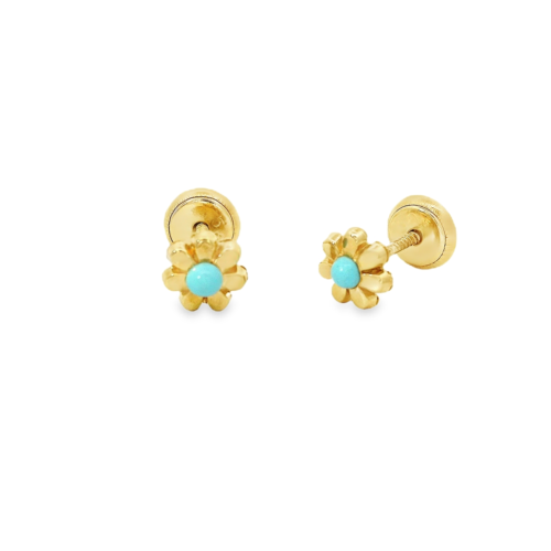 Aretes Oro Amarillo 14k. Flor turquesa, rosca.