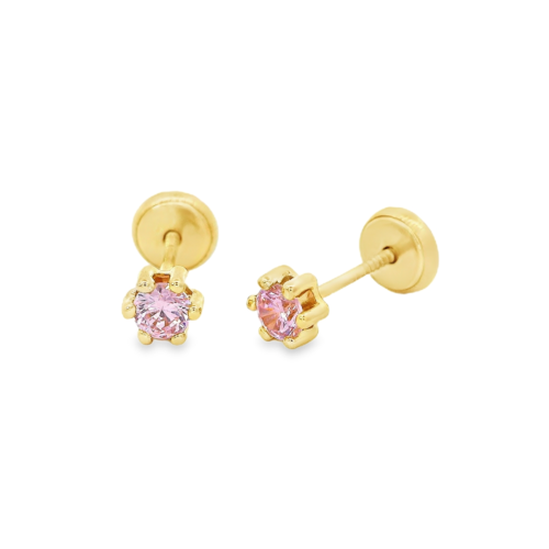 Aretes Oro Amarillo 14k. circonia rosa , 6 prongs, rosca