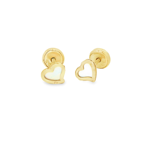 Aretes Oro Amarillo 14k. Corazón concha nacar, rosca.