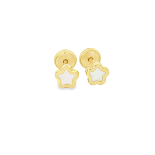 Aretes Oro Amarillo 14k.  Flor 5 petalos nacar, rosca.