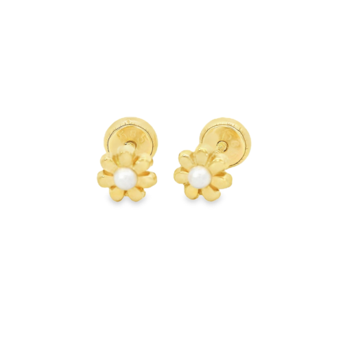 Aretes Oro Amarillo 14k. Flor, Perla, rosca.