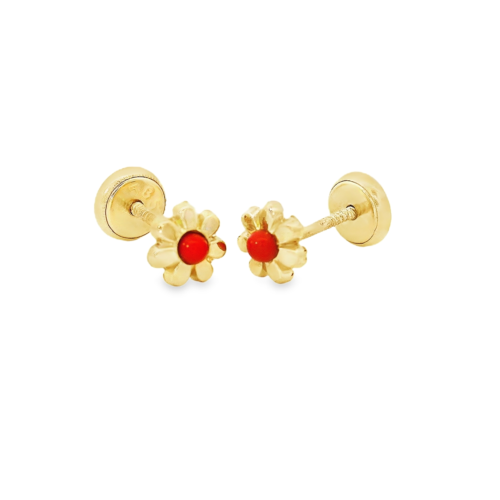 Aretes Oro Amarillo 14k. Flor coral, rosca.