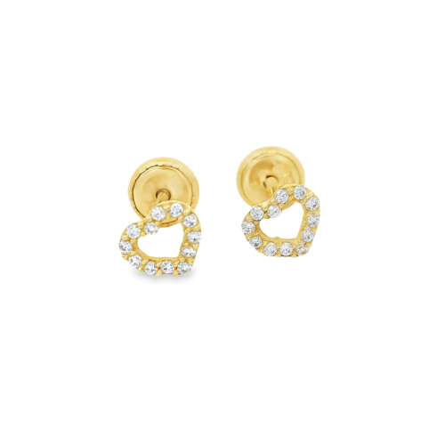 Aretes Oro Amarillo 14k. Corazón abierto circonias, rosca.