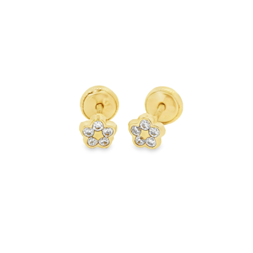 Aretes Oro Amarillo 14k. Flor multi circonias, rosca.