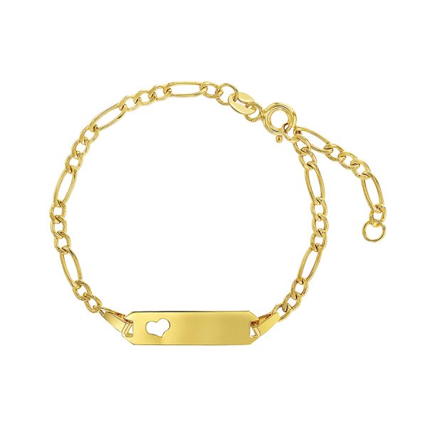 Pulsera para Bebé con Corazón, Placa Grabable en Oro Amarillo 14K 5.5"