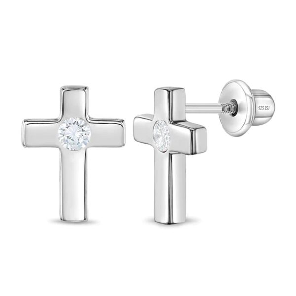 Arete en Forma de Cruz para Bebé con Zirconia al Centro en Plata 925