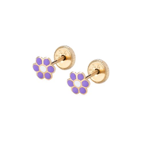 Arete para Bebé, Flor con Enamel Morado en Oro Amarillo 14K