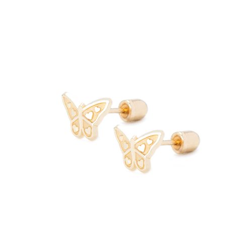 Arete para Bebé en Forma de Mariposa con Corazones en Alas en Oro Amarillo 14K