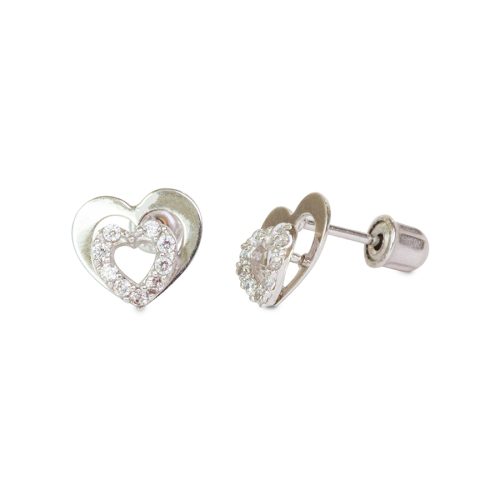 Arete para Bebé en Forma de Corazón con Circonias en Oro Blanco 14K